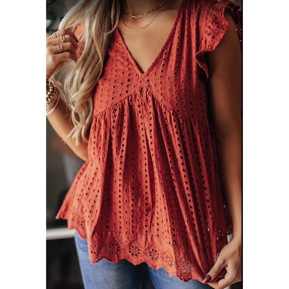 FP Beach Free People Ivory Eyelet V-Neck Top - Size S